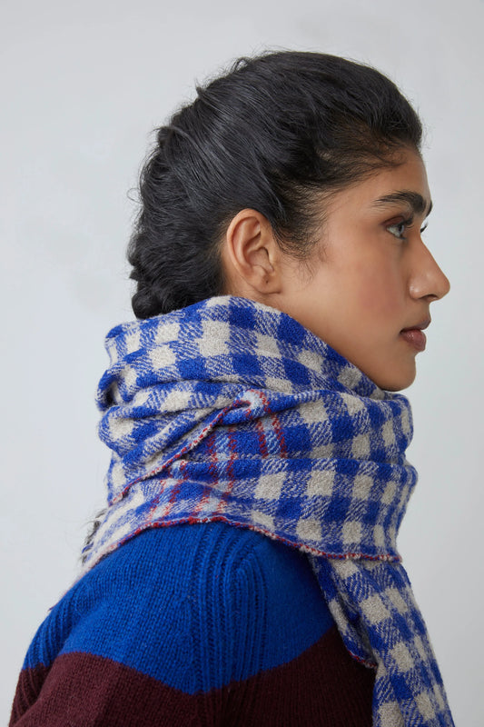 Moismont Paolo scarf wool silk check in royal blue.