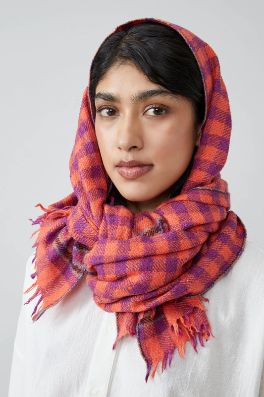 Moismont Paolo scarf wool silk check in Poppy pink and red.