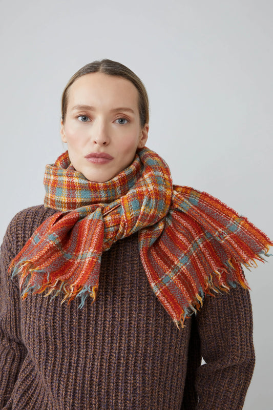 Moismont McInnes tartan fine wool scarf in Spice  orange and blue.