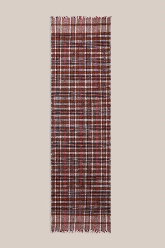 Moismont pure wool plaid tartan check scarf McInnes in Henna red, brown, cream and blue.