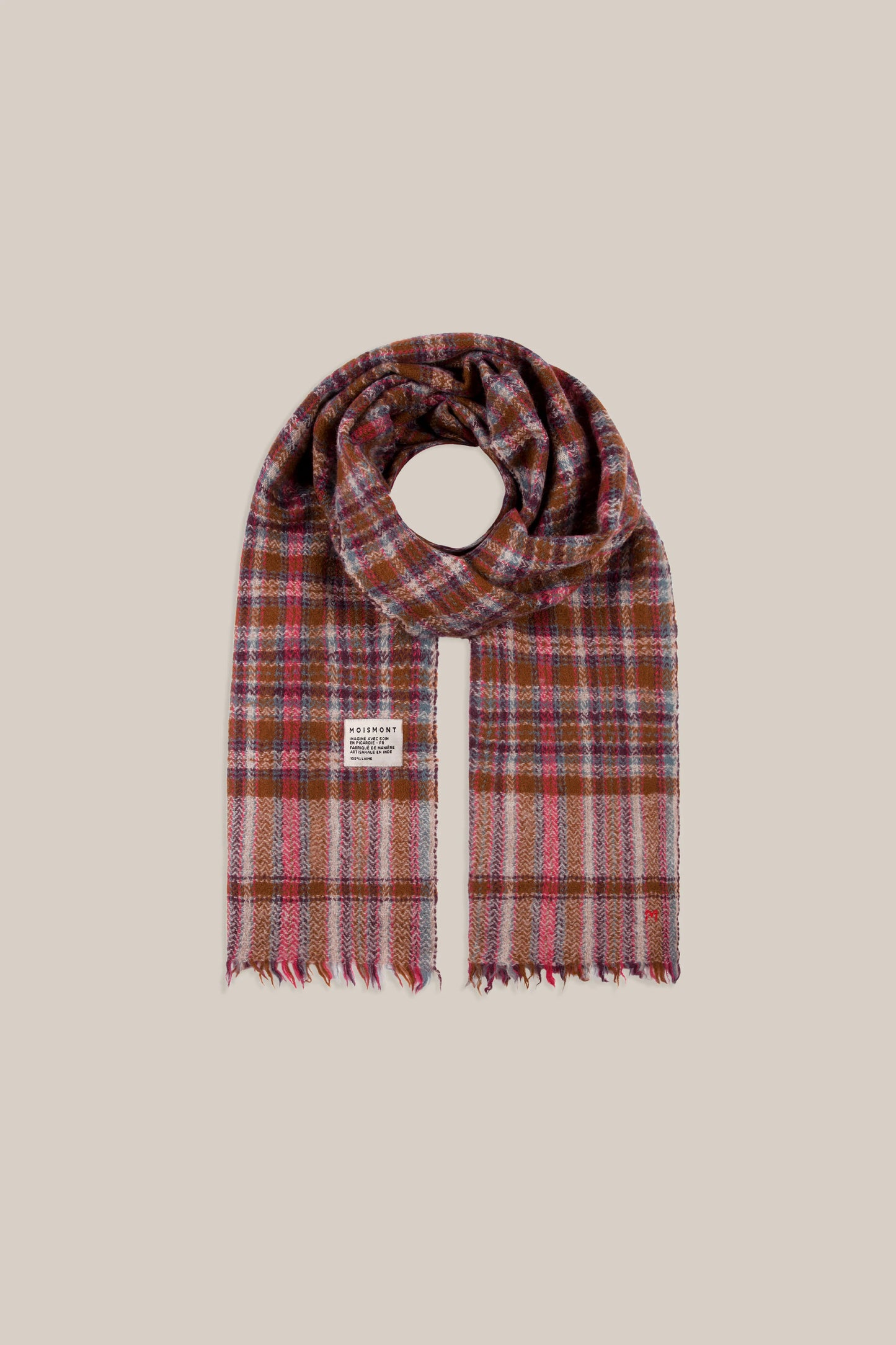 Moismont pure wool plaid tartan check scarf McInnes in Henna red, brown, cream and blue.