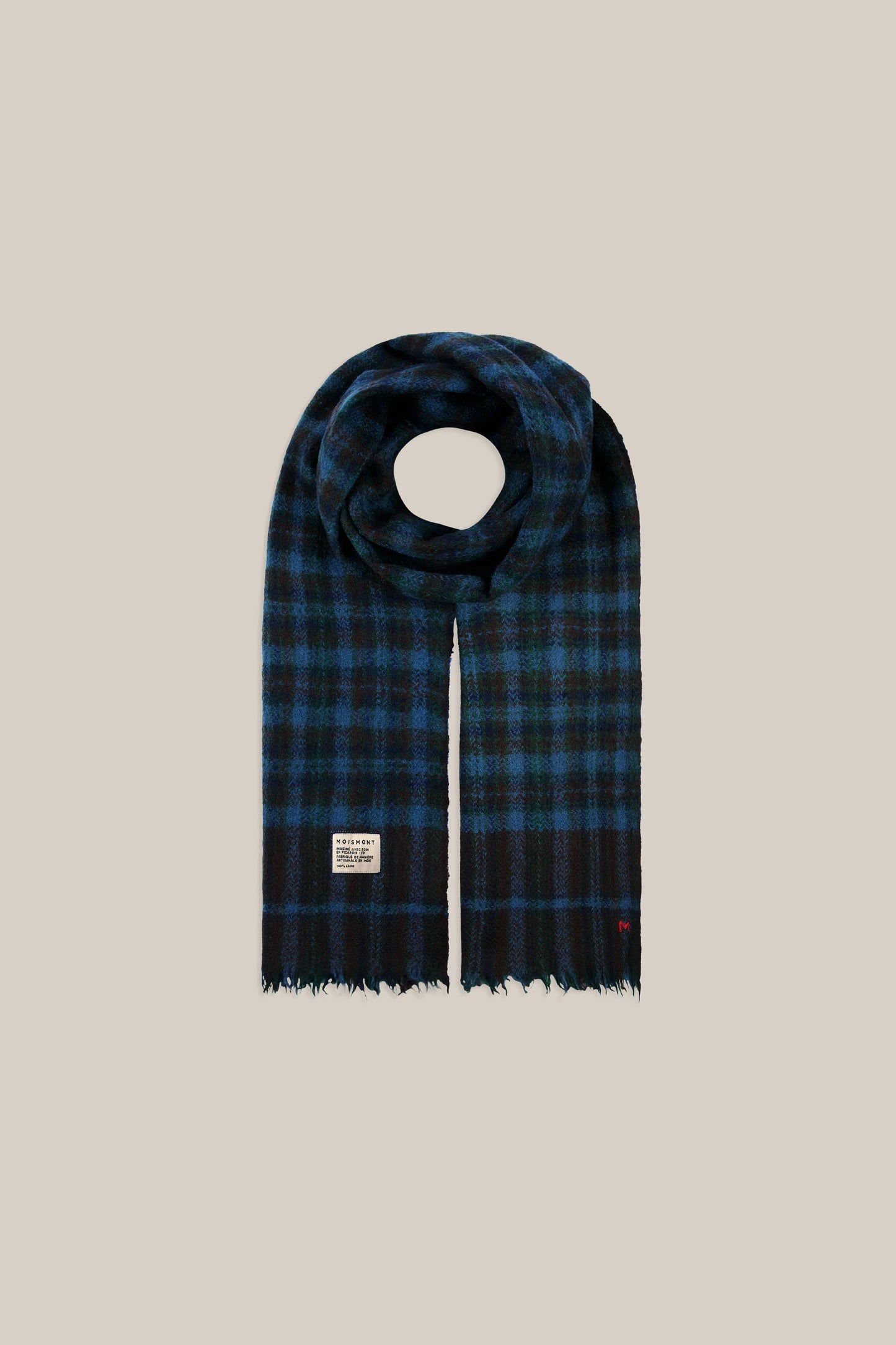 Moismont pure wool plaid tartan check scarf McInnes in Tragedy navy and brown.