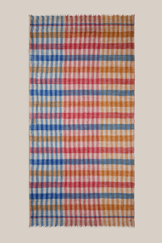 Moismont fine wool plaid tartan check scarf Acrobat in Celtic red, orange, mustard yellow, blue, tan and white.