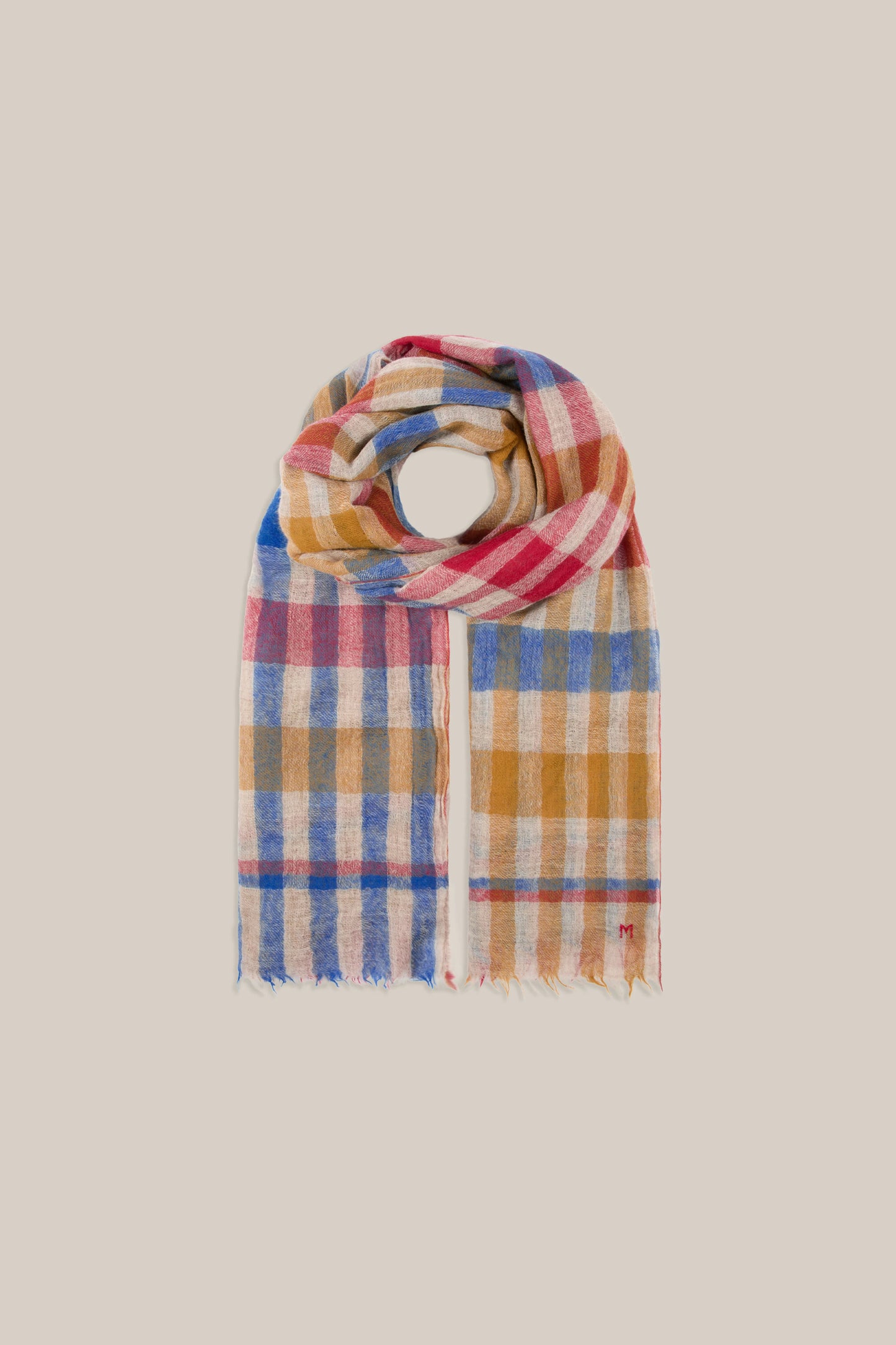 Moismont fine wool plaid tartan check scarf Acrobat in Celtic red, orange, mustard yellow, blue, tan and white.