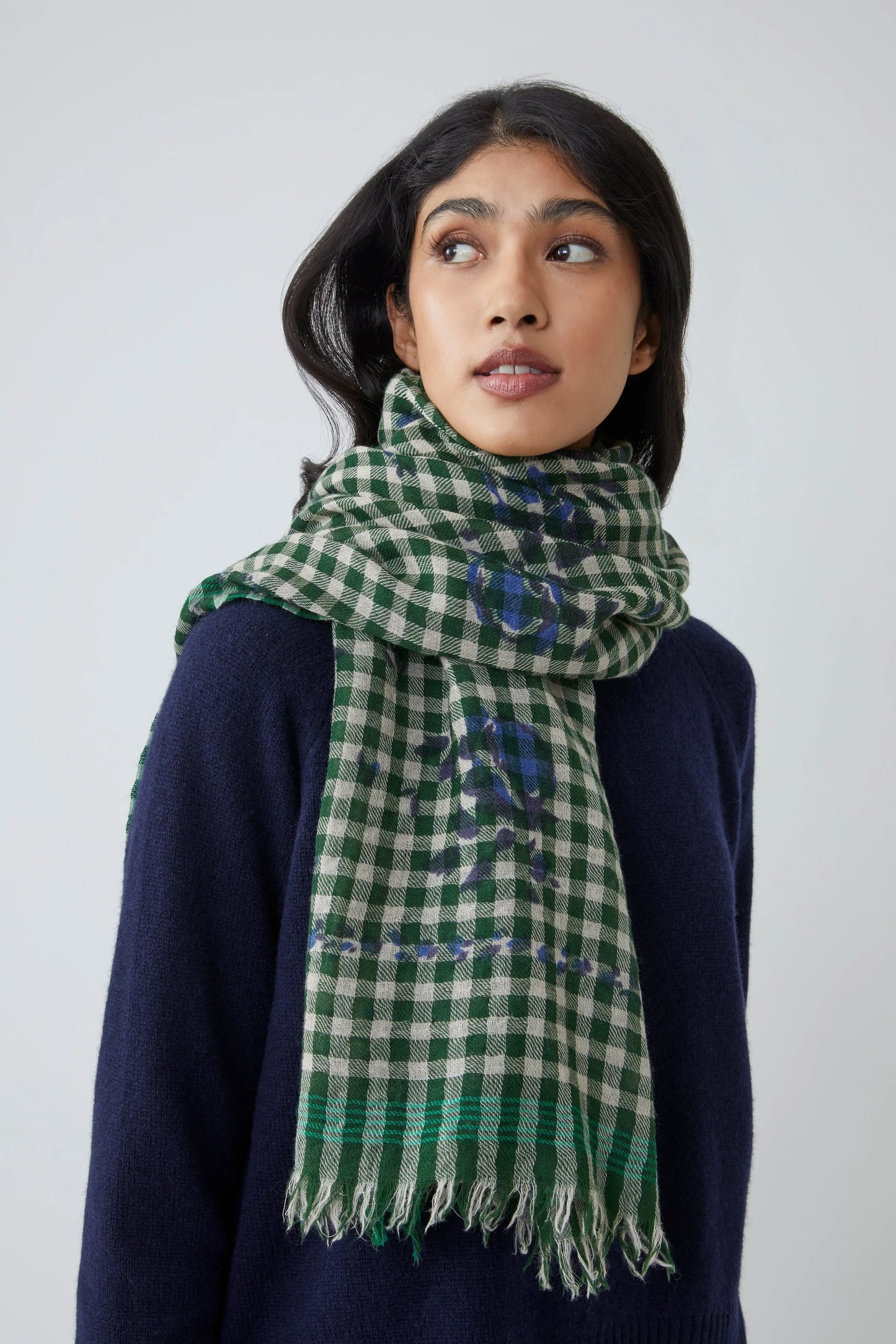Moismont gingham Vichy scarf in British green and white, with floral print detail.