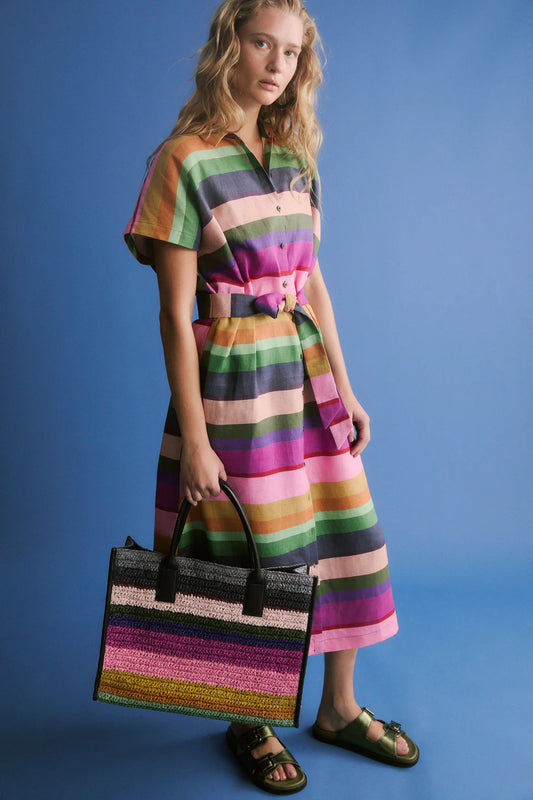 Elk Lysbro multicolour stripe print French linen shirt dress.