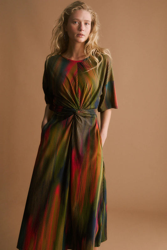 Elk Kihte T-shirt dress in multicolour stripe print organic cotton, tie waist.