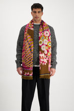 Load image into Gallery viewer, Inoui Editions Hulule scarf two owls in fuchsia flowers on mustard brown.