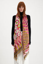 Load image into Gallery viewer, Inoui Editions Hulule scarf two owls in fuchsia flowers on mustard brown.