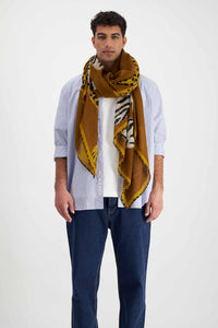 Inoui editions pure wool large scarf Chatou in golden brown, tiger and leopard.