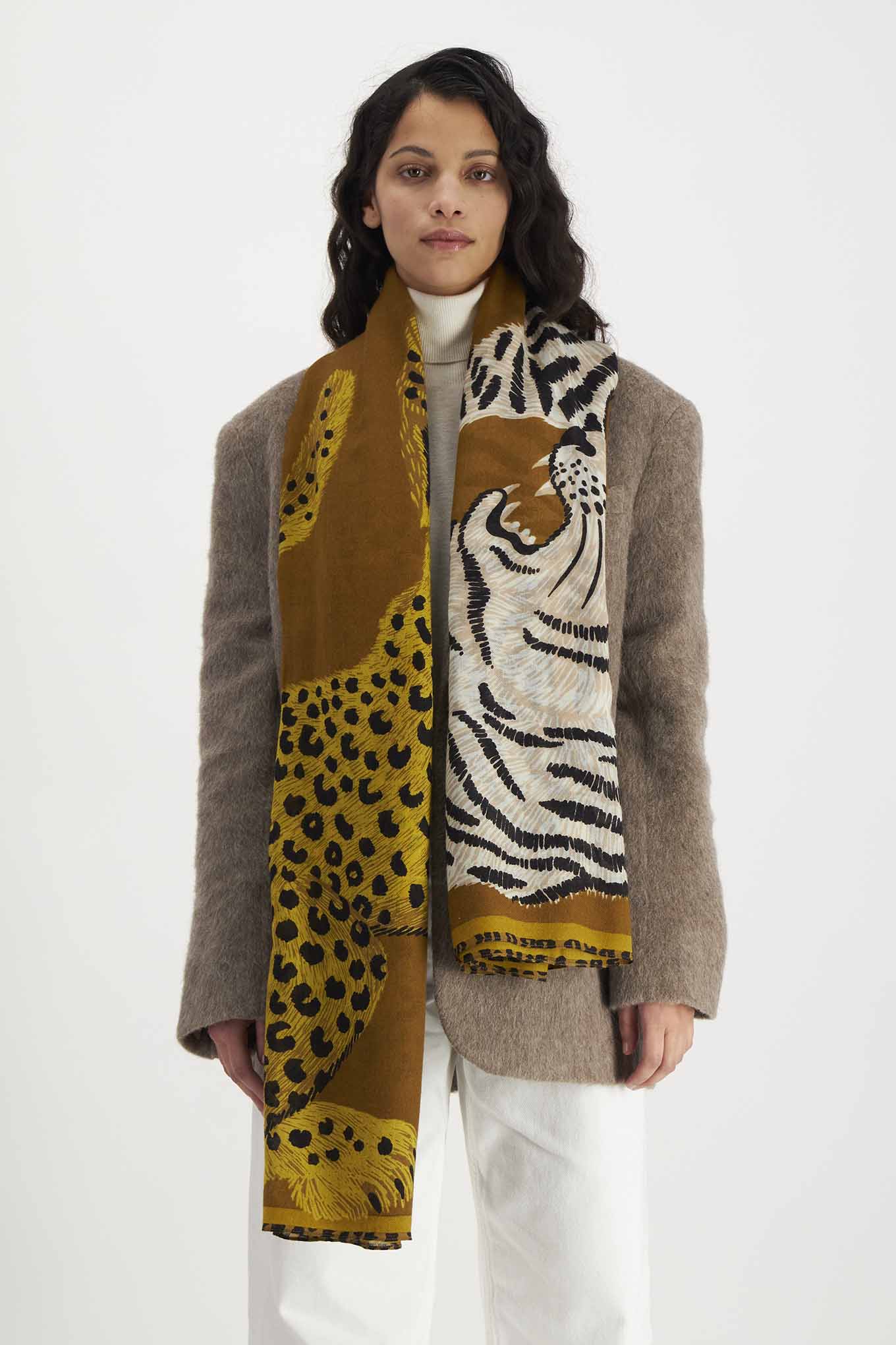 Inoui editions pure wool large scarf Chatou in golden brown, tiger and leopard.