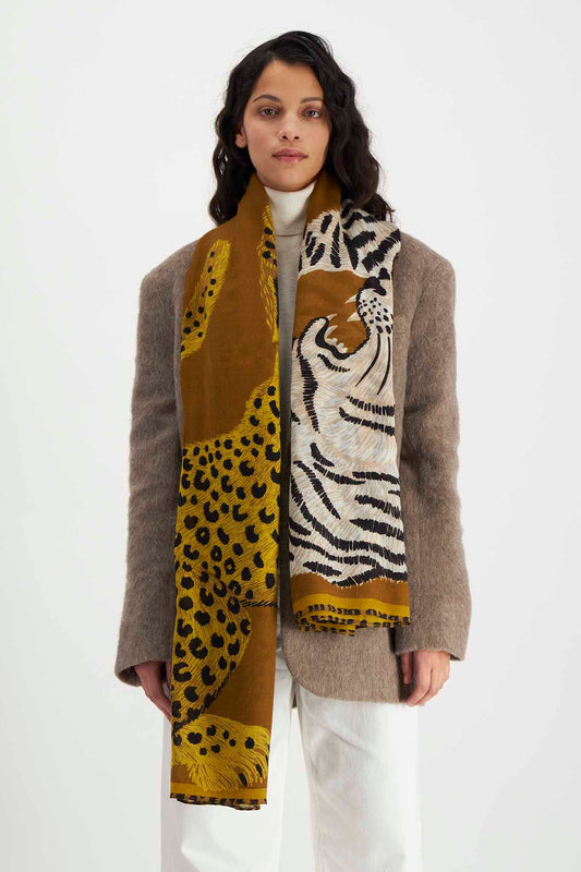 Inoui editions pure wool large scarf Chatou in golden brown, tiger and leopard.