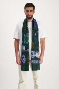 InouI Editions fine wool scarf Iconique featuring classic Inoui illustrations on dark green.