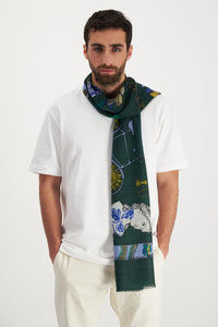 InouI Editions fine wool scarf Iconique featuring classic Inoui illustrations on dark green.