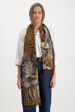 Load image into Gallery viewer, Inoui Editions Rousseau print scarf, fime wool with leopard in garden, brown and natural colours.