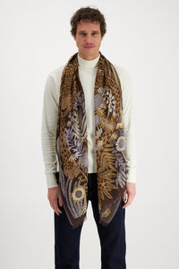 Inoui Editions Rousseau print scarf, fime wool with leopard in garden, brown and natural colours.
