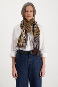Inoui Editions Rousseau print scarf, fime wool with leopard in garden, brown and natural colours.