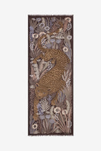 Load image into Gallery viewer, Inoui Editions Rousseau print scarf, fime wool with leopard in garden, brown and natural colours.