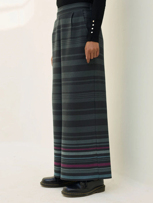 Manan Vola merino wool culootes with border stripe detail in charcoal.