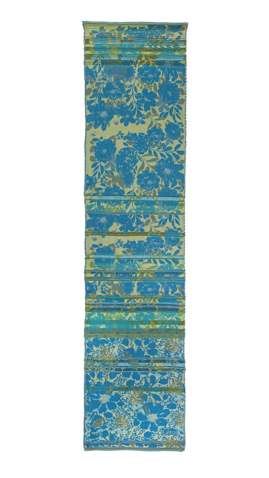 Letol organic cotton floral jacquard scarf Emilienne floral design in lagune, deep turquoise and lime green.