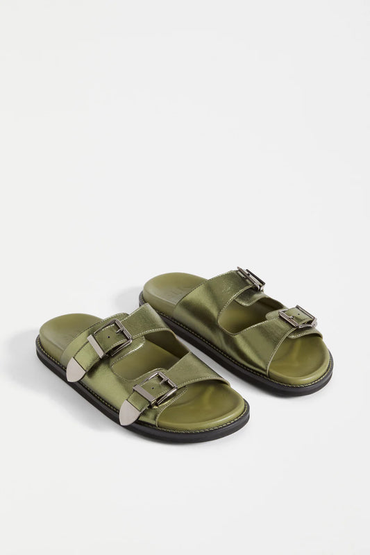 Elk Spenne sandal buckled slide in metallic olive.