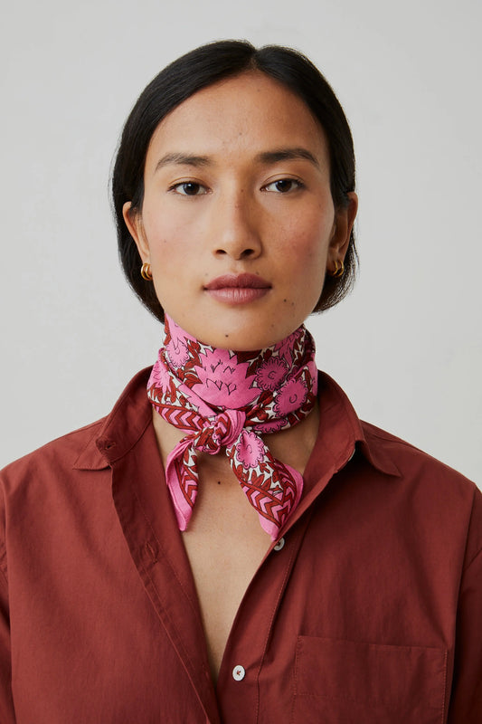 Moismont two tone cotton blockprinted Ajmer square scarf Pop pink.