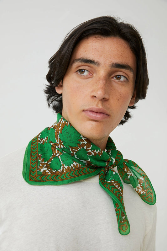Moismont two tone cotton blockprinted Ajmer square scarf palm green, brown and white.
