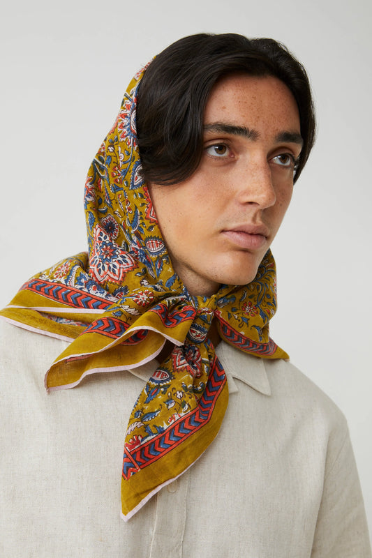 Moismont Agra cotton blockprint scarf in Pollen mustard.