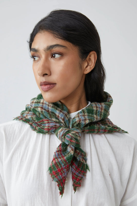 Moismont fine wool handwoven wool plaid Magda scarf in British green.