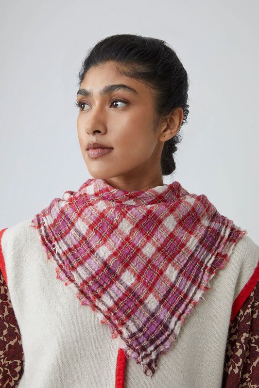 Moismont fine wool Magda scarf in lipstick pink plaid.