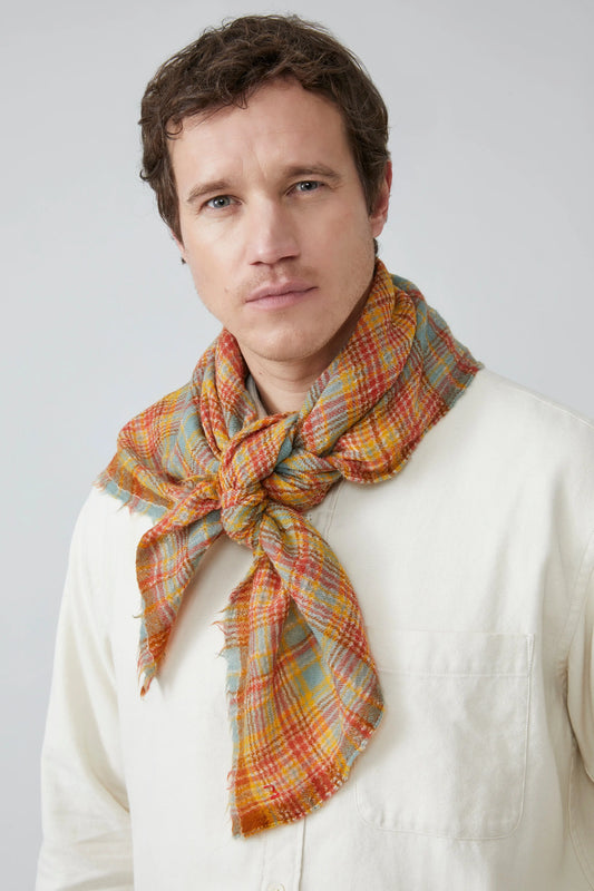 Moismont Stewart tartan fine wool scarf in Spice orange and blue check.