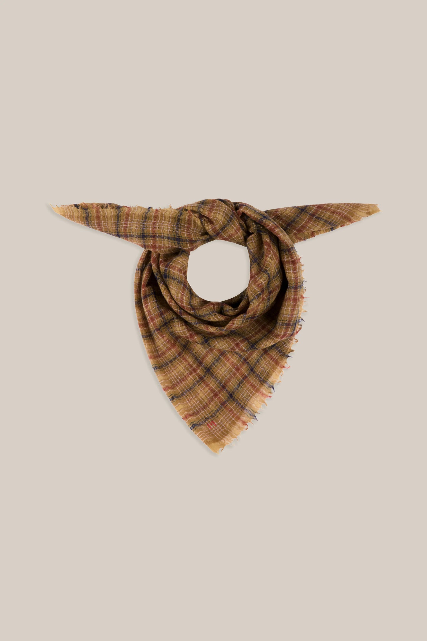 Moismont pure wool square Edimbourg scarf in mustard yellow and brown.