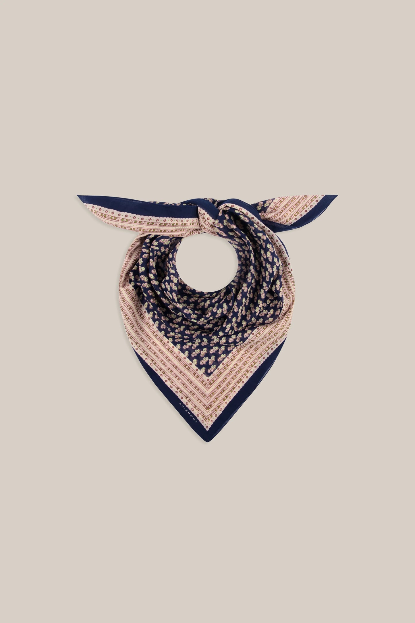 Moismont fine cotton paisley scarf Phedre in navy blue, brown and taupe.