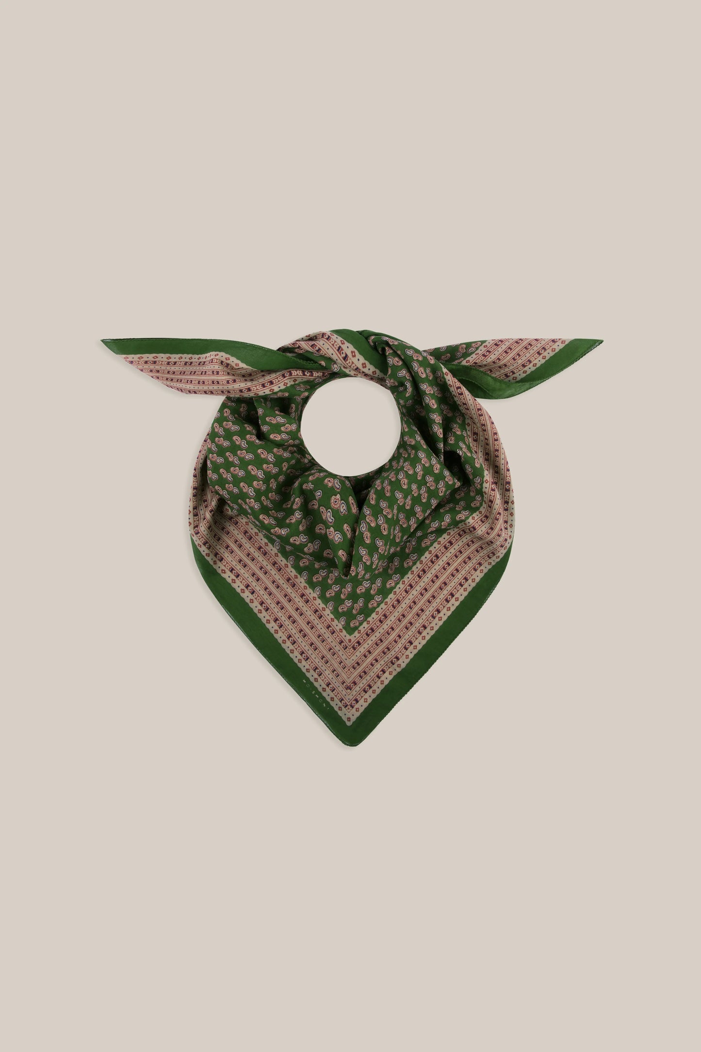 Moismont fine cotton paisley scarf Phedre in green, brown and taupe.