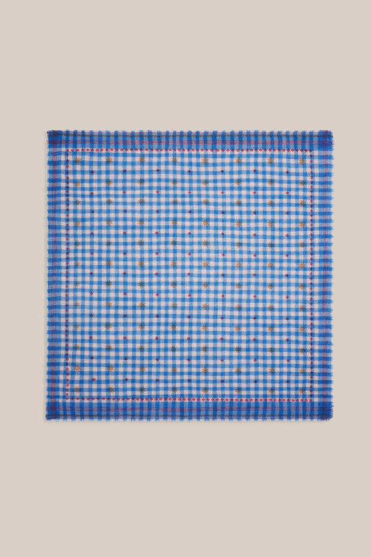 Moismont pure wool square Galopin scarf gingham, Circus in blue and white with red pattern.