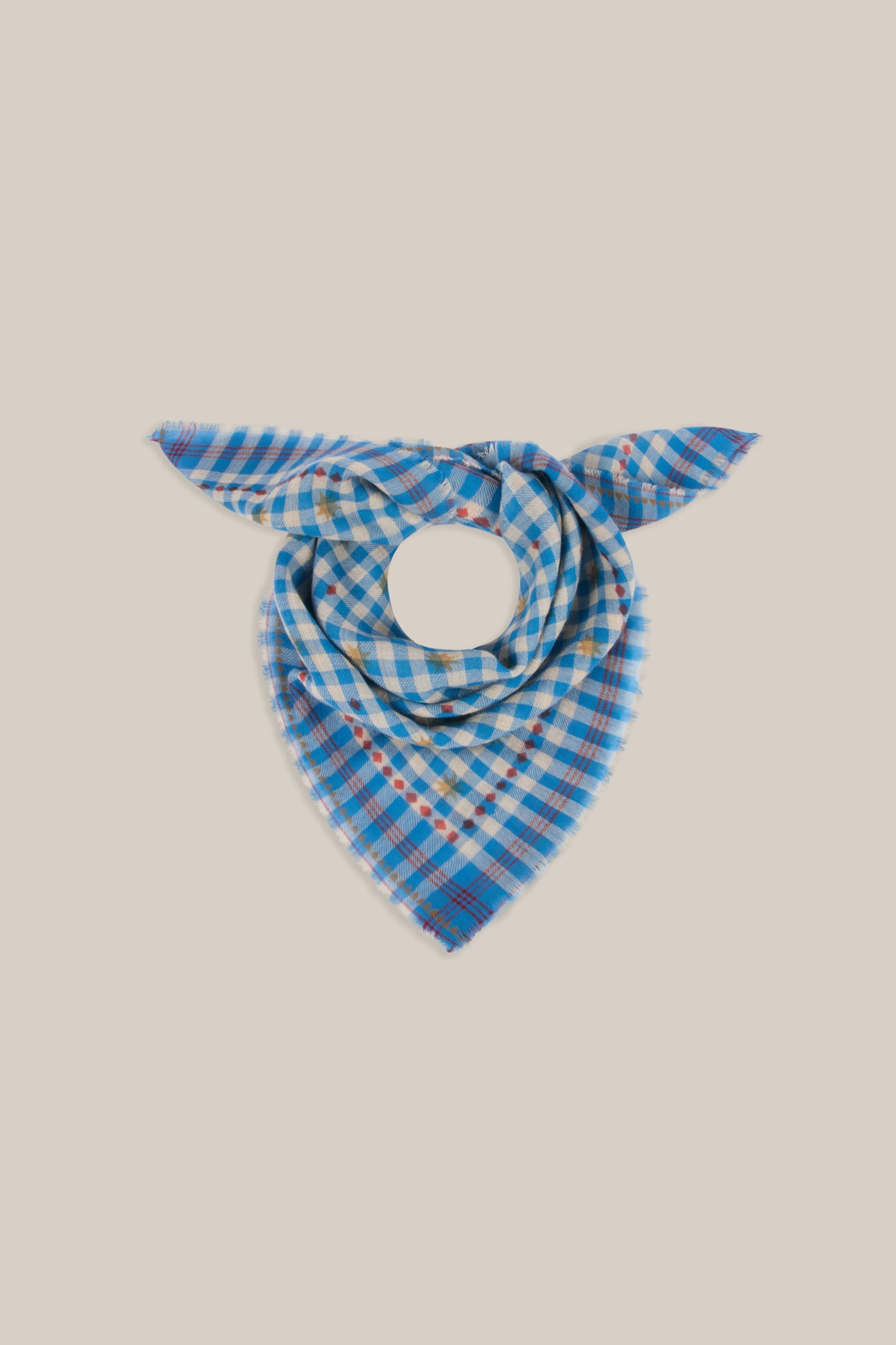 Moismont pure wool square Galopin scarf gingham, Circus in blue and white with red pattern.