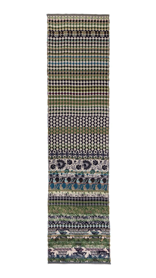 Letol organic cotton jacquard weave scarf in Felicien Indian design with elephants and check in black and green nuit jade. Full length.