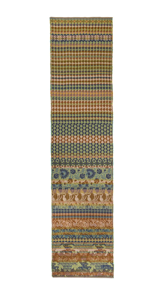Letol organic cotton jacquard weave scarf Felicien Indian inspired with checks foliage and elephants in pickle green, brown and teal.