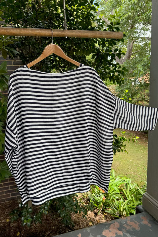 Frockk one size linen Avril top in navy and white stripe.