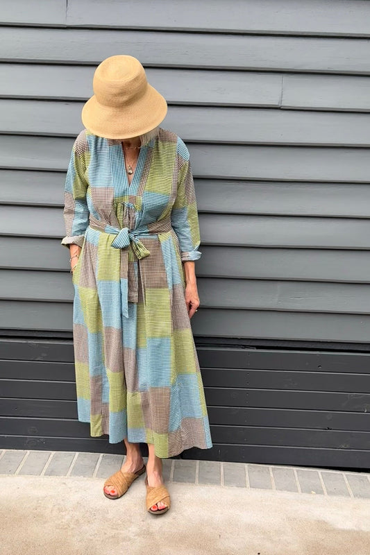 Multi-check multi-coloured long sleeved maxi tunic cotton dress.