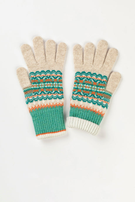 Eribe Alloa fairisle gloves in Elder - cream, mint and coral.