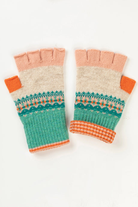 Eribe Alloa fingerless gloves in Elder - ecru, mint and coral fairisle.