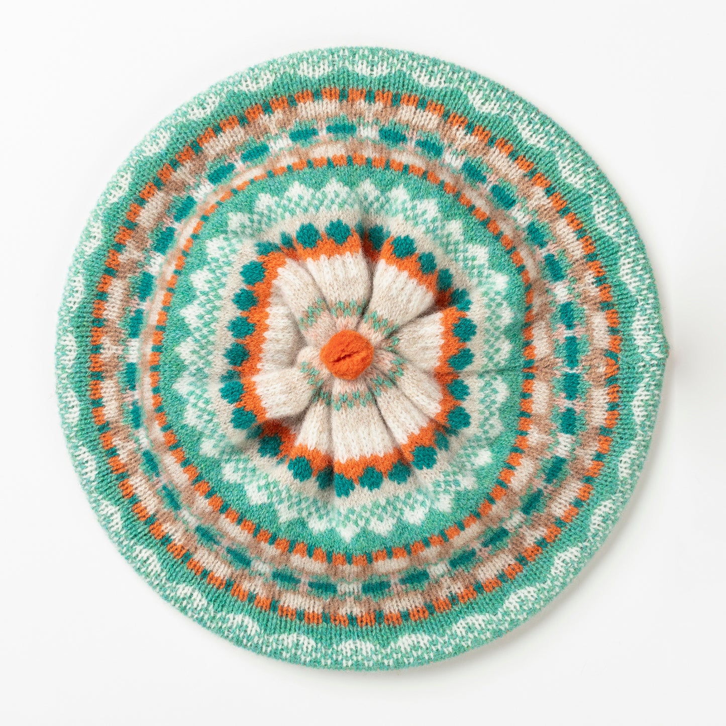 Eribe Alloa fairisle beret in mint, coral and ecru.