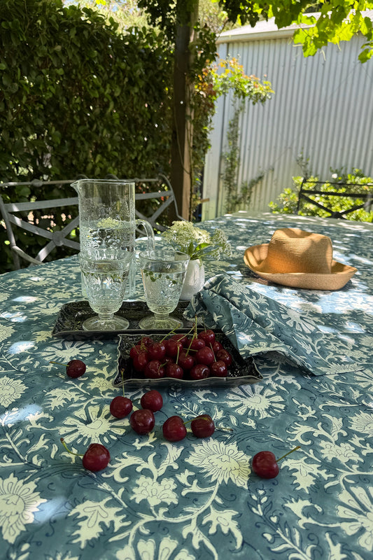 Juniper Hearth blockprint cotton napkin in blue and white floral.