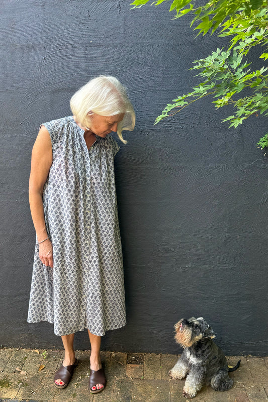Zoe dress button up sleeveless blue grey bhuti blockprint summer cotton dress.