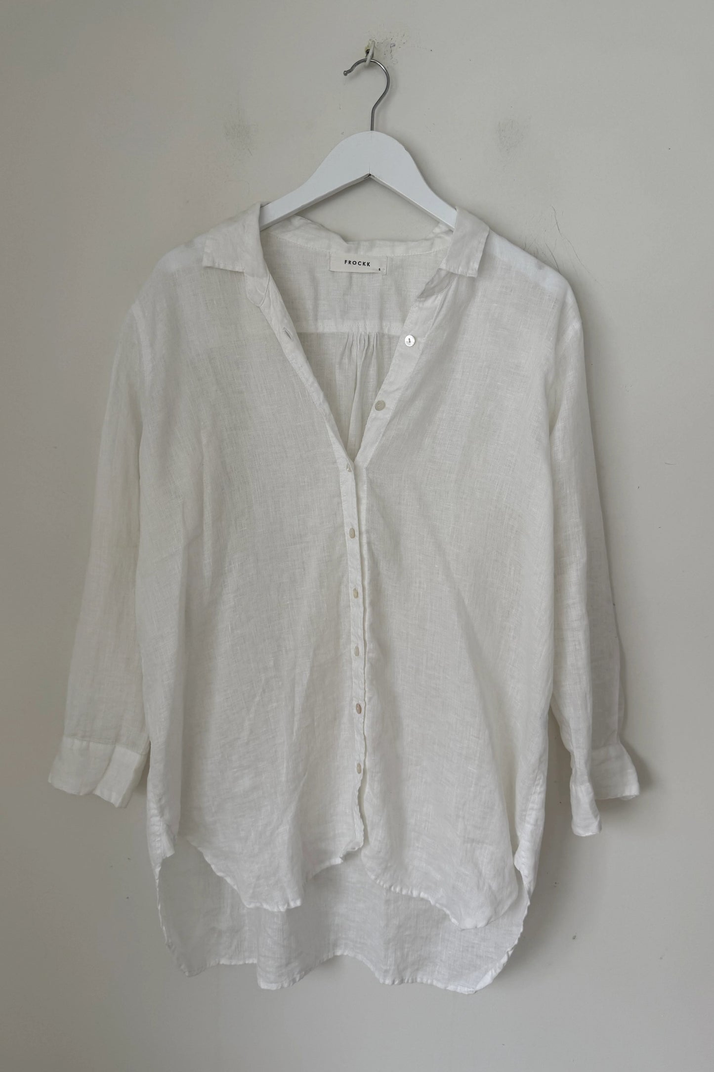 Frockk white linen button up Skyla shirt.
