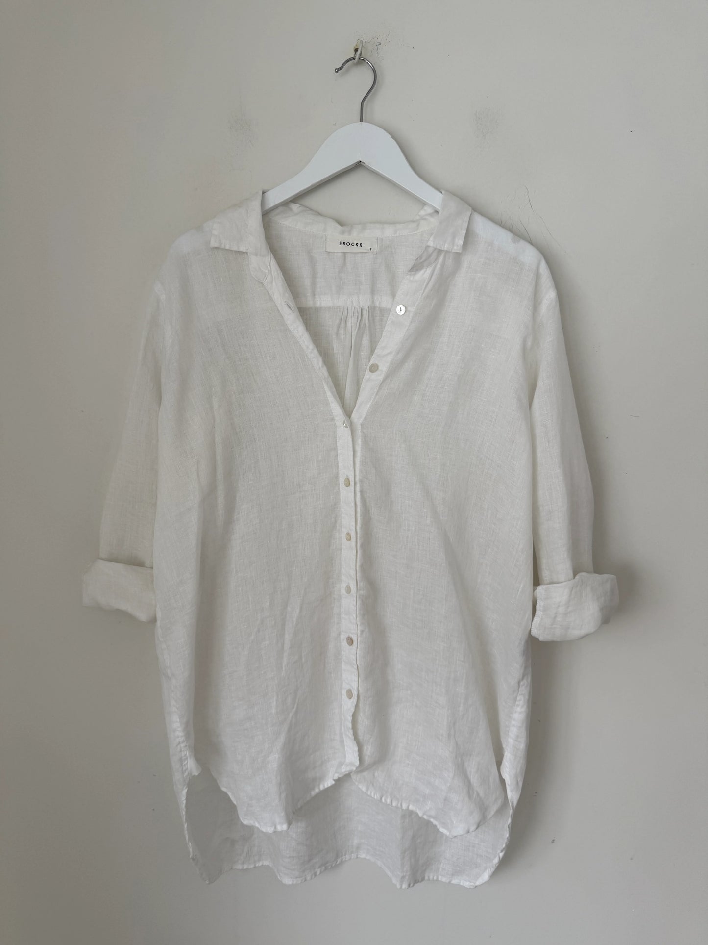 Frockk white linen button up Skyla shirt.