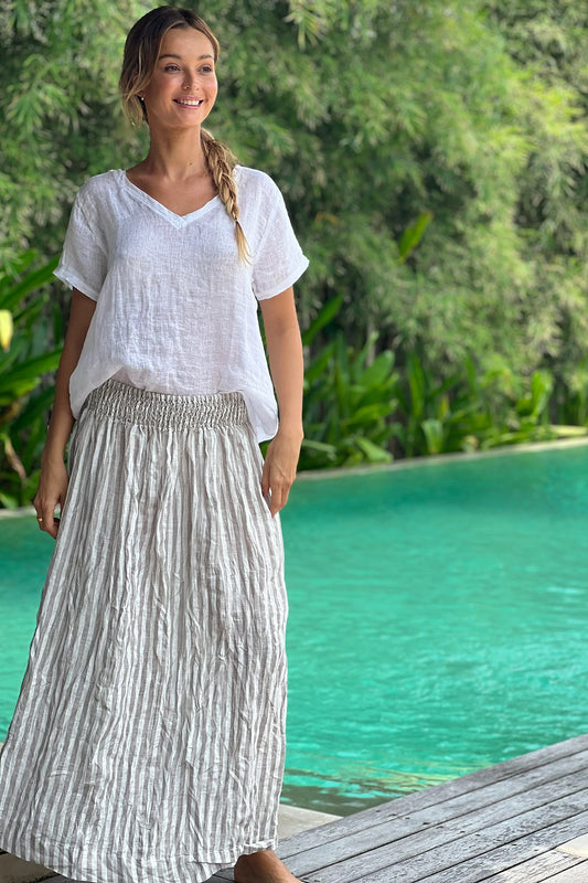 Frockk one size linen Lulu skirt maxi length  in natural linen stirpe.