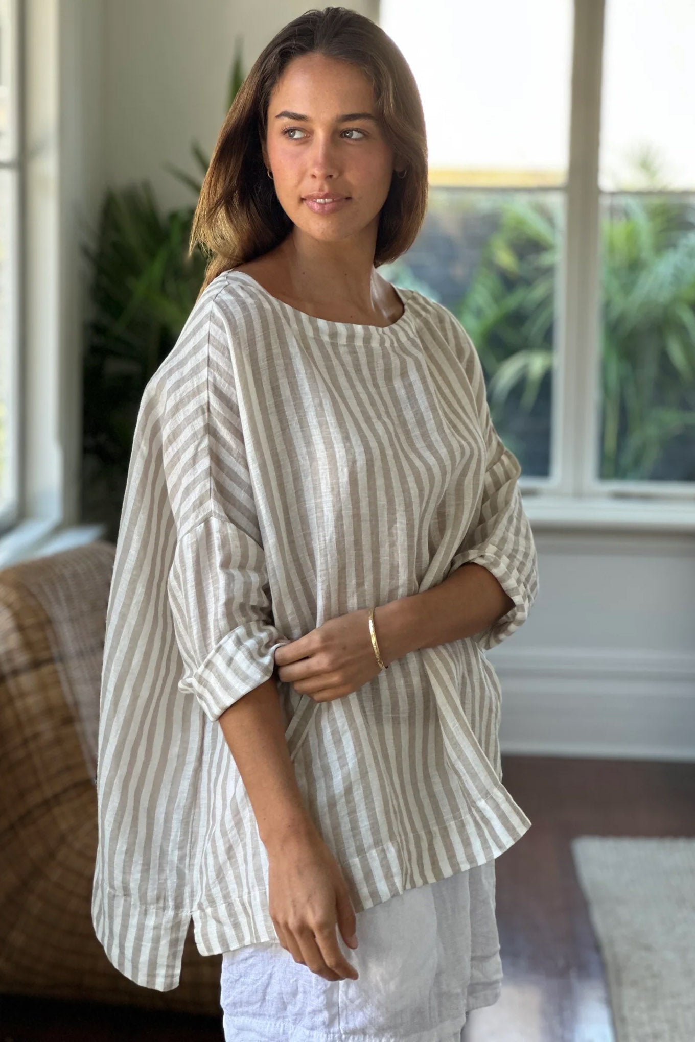 Frockk Louise one size oversized linen tunic top in natural and white stripe.