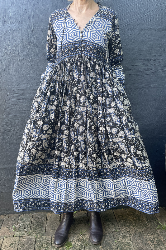 Bagru blockprint maxi dress in indigo and black and white tones.